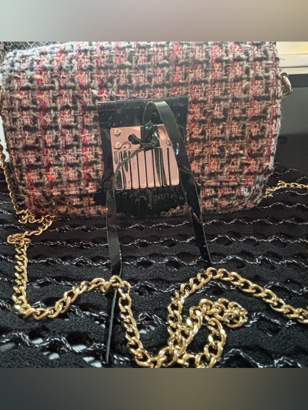 Rare Authentic RED Valentino Pink Tweed/Leather Crossbody w/Original Gold Chain